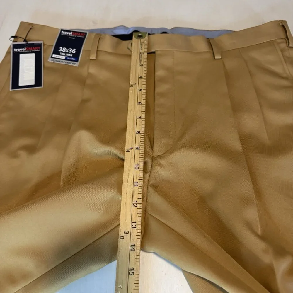 NWT Roundtree & Yorke Pants Travel Smart Mens Tall 38x36 Dress Tan Pleated - Picture 7 of 12